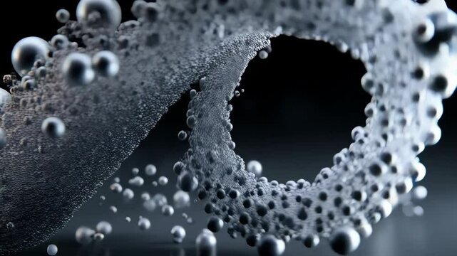 Abstract render of twisted torus shape composed of small spheres and dust, floating in a dark, reflective environment with a futuristic look.