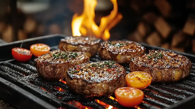 Juicy Steaks Grilling Over Open Fire: A Delicious Barbecue Experience, culinary art