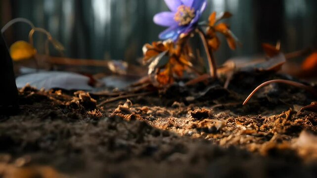 Vibrant blue liverleaf flower with golden stamens blooming in a forest floor bathed in soft sunlight during early spring season