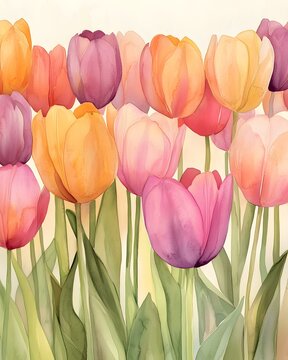 Fototapeta Soft watercolor tulips in spring color palette