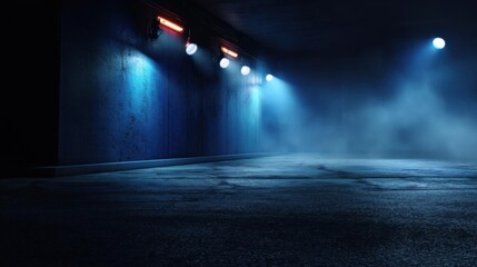 Dark empty street with neon lights and smoke, night scene with blue background.