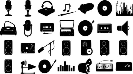 Retro music icons set – silhouette, classic and vintage audio symbol collection

