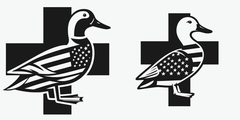 Duck with american flag print on cross. 4th of July Independence Day Patriotic Usa Vector. Fowl united states banner image upon crucifix symbol patriot decor.