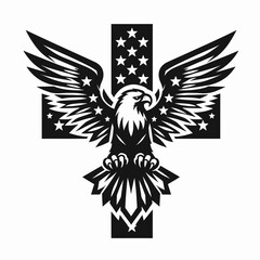 Eagle with american flag print on cross. 4th of July Independence Day Patriotic Usa Vector. avian image over christian symbol freedom design motif.