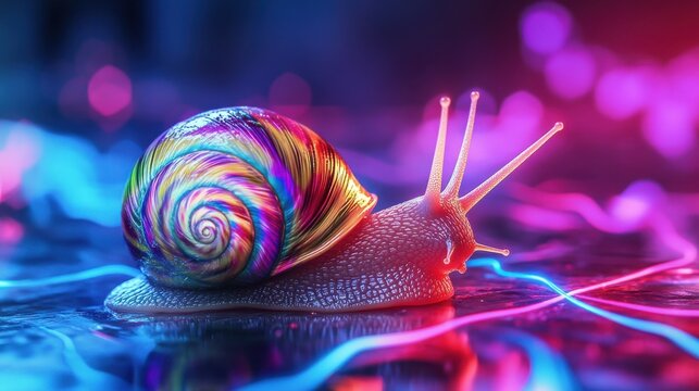 Generative AI illustration of surreal image of a snail with a colorful swirling shell crawling on a surface with neon light trails