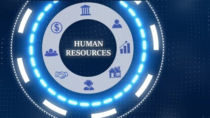 A Human Resources concept button on a clear projection .Blue wave digital data flow. Seamless loop technology network background concept . Futuristic digital technology animated background concept - Powered by Adobe