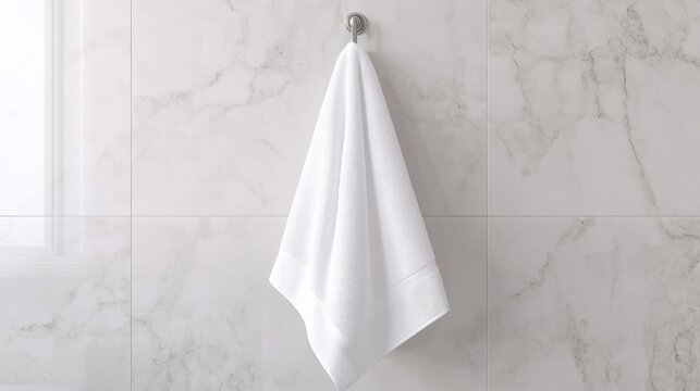 Simple white towel hanging on hook, ready for use in a clean kitchen or bathroom.