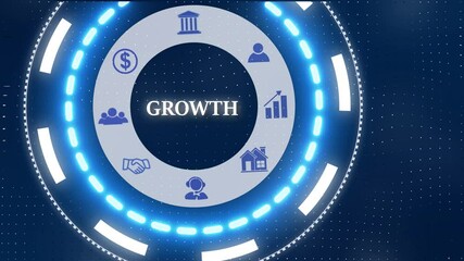 A Growth button on a clear projection. Blue wave digital data flow. Seamless loop technology network background concept . Futuristic digital technology animated background concept.