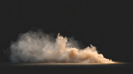 Obraz premium Sand dust cloud. Dirt desert smoke wind effect. Sandstorm powder splash. Isolated brown flying particle texture. 3d realistic smog explosion. Abstract grain spray splatter with glitter overlay.