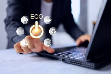Environment concept with businessman turn on eco mode to manage the power and energy in manufacturing process to reduce cost and increase profit