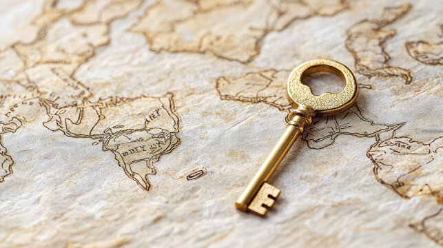 golden key rests on ancient map, symbolizing adventure and discovery. intricate details of map enhance sense of exploration