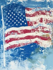 Abstract painting of the American flag waving against a blue backdrop evokes a sense of patriotism.