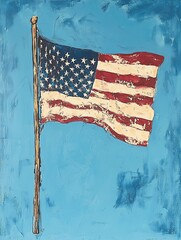 Painted American Flag: Red, White, and Blue Symbol of Patriotism and National Pride on a blue textured sky