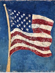 Painted rendering of a flag with stars and stripes, against a textured blue background, with a pole.