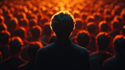 Man standing before a crowd in a warmly lit setting, ready to address the masses with a message.