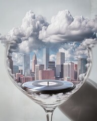 Urban Melody: Cityscape Inside a Glass with a Vinyl Record, Bridging Sound and Scenery. Music in the air