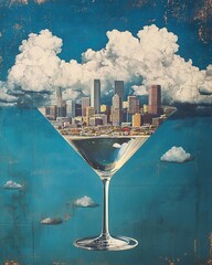 Urban dream: cityscape meets cocktail glass under cloudy skies, a blend of city life and imagination.