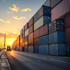 Fototapeta premium Shipping containers stacked high against sunset with distant forklift
