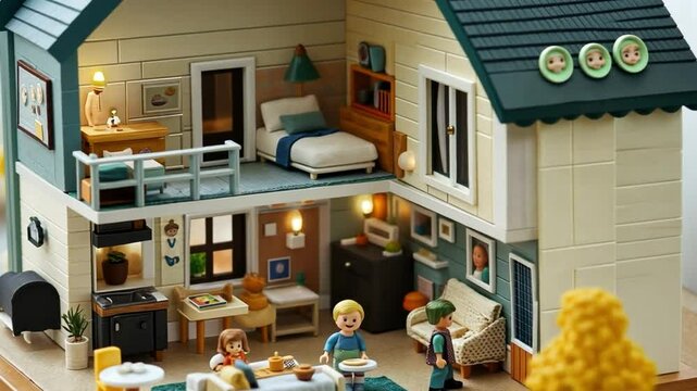 Dollhouse Miniature Family Home: A charming dollhouse meticulously detailed to resemble a family home, complete with miniature furniture, decor, and tiny figures living out a cozy domestic scene.