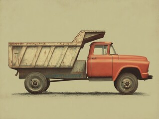 Vintage orange dump truck with aged metal bed. A classic work vehicle in need of some restoration.
