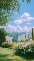 Laundry drying in the sunlight with vibrant, fluffy clouds and flowers against mountain backdrop.