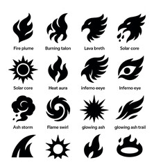 Fire and heat icon collection in silhouette style. flame, ash, solar symbols set