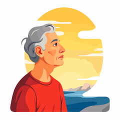 Contemplative elderly man gazing at the sky with sunset backdrop, inspiration