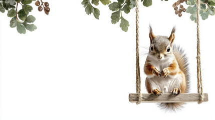 cute squirrel sitting on wooden swing surrounded by green leaves and acorns, exuding playful and charming vibe