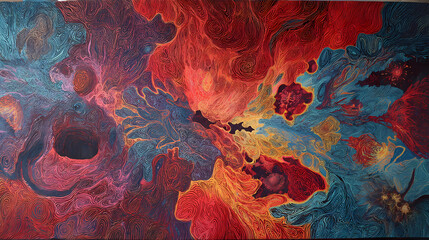 gallery poster for surreal abstraction | visionary disintegration | dream-induced panic | vivid psychological red | organic spread | sensory overload | dream contour linework | psychological mapping