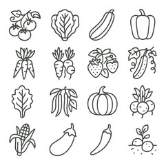 Vegetable and fruit linear icon collection for healthy food design and gardening projects