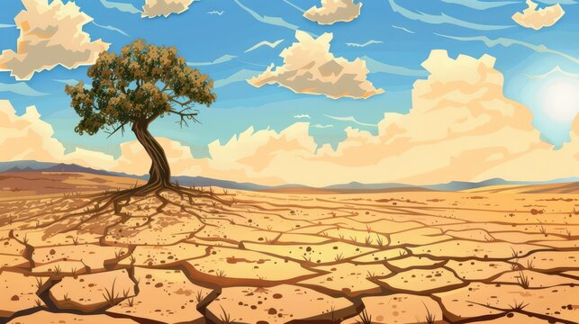 Arid landscape symbolizing world day to combat desertification and drought awareness. Climate problems. Horizontal banner. Copy space. World Environment Day