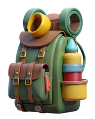 3d rendered backpack with camping gear in a plastic-style design perfect for outdoor adventure travel concepts