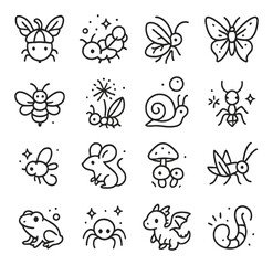 Nature and wildlife linear icon collection. animal, insect, and creature set