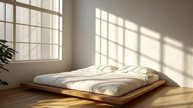 Serene Bedroom Oasis: A sun-drenched bedroom with clean lines and minimalist design. A wooden bed frame is accented by a grid window casting shadows on the wall.