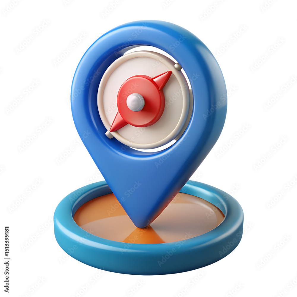 Poster 3d rendering of a vibrant blue location marker combined with a compass design embodying navigation a