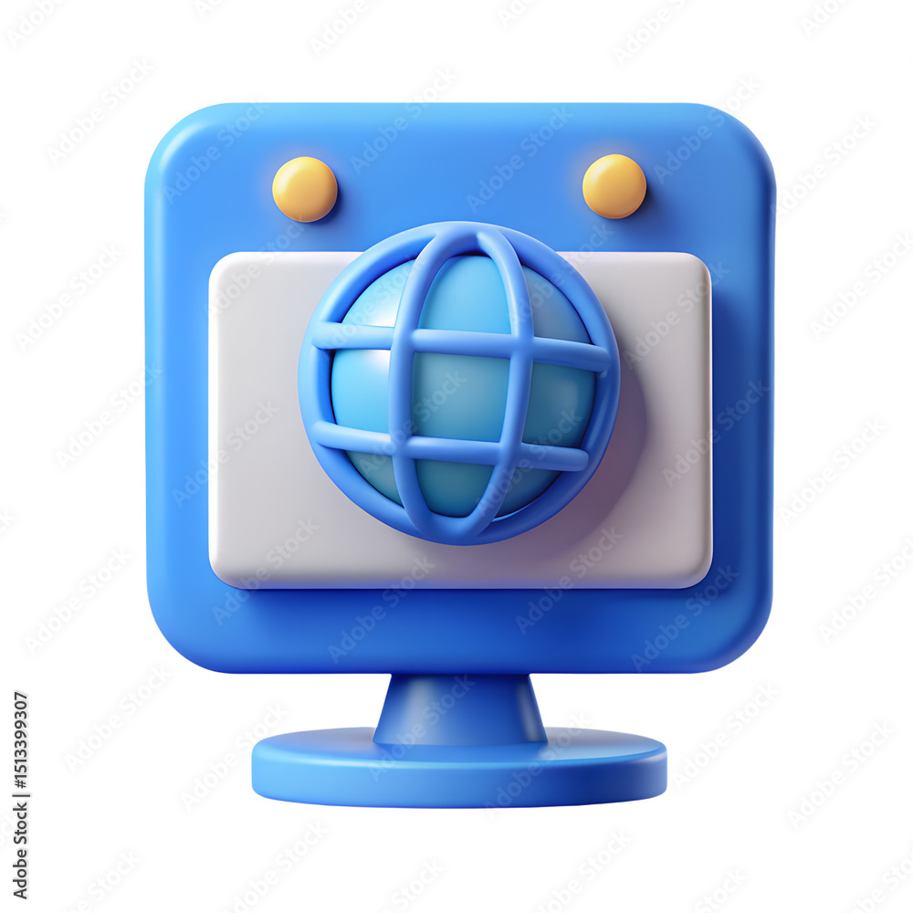 Poster a bright blue 3d rendered computer screen displaying a globe icon to represent internet access and o