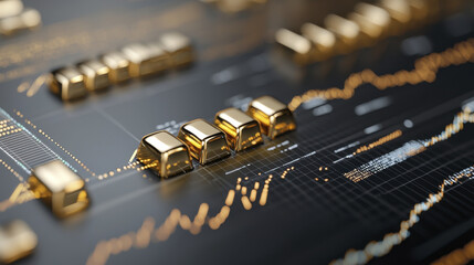 Luxurious financial investment with gold bars on digital stock market background, showcasing wealth and prosperity