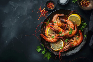 Grilled River Prawns with Spicy Thai Seafood Sauce and Lemon Garnish Delicious grilled river prawns served with spicy Thai seafood sauce, garnished with fresh herbs and lemon slices. A perfect represe
