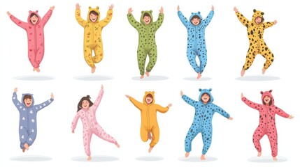 Costume party. Happy people wearing animal costume onesies set. Young men and women cartoon characters in kigurumi dancing, jumping and having fun at pajama party collection illustration , no logos, 