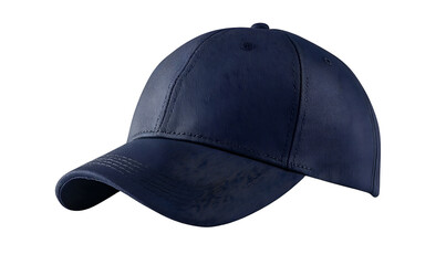Isolated navy blue baseball cap on a black background, studio shot, detail view