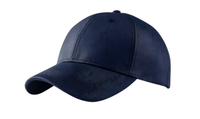 Isolated navy blue baseball cap on a black background, studio shot, detail view
