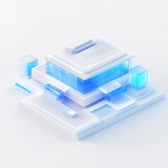Abstract futuristic structure with layered platforms, glass accents, and illuminated details in a minimalist design.