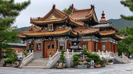 Fototapeta premium Exquisite chinese building with detailed dragon carvings and symmetrical roof design high resolution image