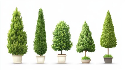 decorative green trees set. park garden plants, decoration environment summer shrub coniferous deciduous thuja spruce pot landscape design vector illustration