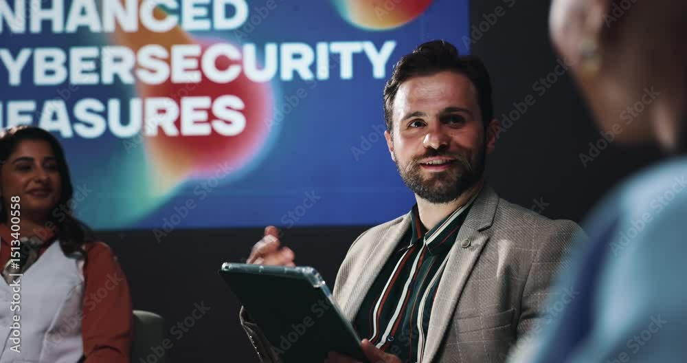 Aufkleber tablet, presentation and business people in discussion on a stage for enhanced cybersecurity measure