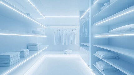 Obraz premium Modern walk-in closet with sleek white shelves, coordinated wardrobe displays, and integrated lighting system in a minimalist luxury home