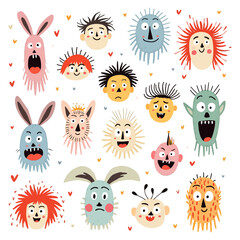 Naklejka premium Colorful Cute Monster Faces with Whimsical Doodle Illustrations Playful Animal Inspired Funky Expressive Cartoon Characters and Vibrant Monster Pattern Vector Art
