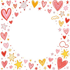 Obraz premium Colorful Heart Shapes and Stars Doodle Border Whimsical Hand Drawn Frame Vibrant Playful Valentine Day Vector Art High Contrast Digital Illustration