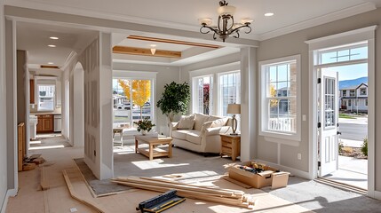 Open concept home renovation with modern design elements and ongoing construction work high resolution photo