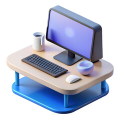 Fototapeta premium Modern 3d render of a minimalist workspace featuring a computer keyboard coffee mug and decorative element on a stylish desk.